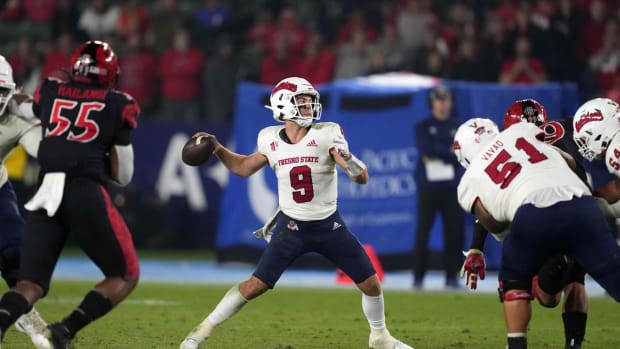 Oct 30, 2021; Carson, California, USA; Fresno State Bulldogs quarterback Jake Haener (9) throws the ball against the San Diego State Aztecs in the second half at Dignity Health Sports Park. Mandatory Credit: Kirby Lee-USA TODAY Sports